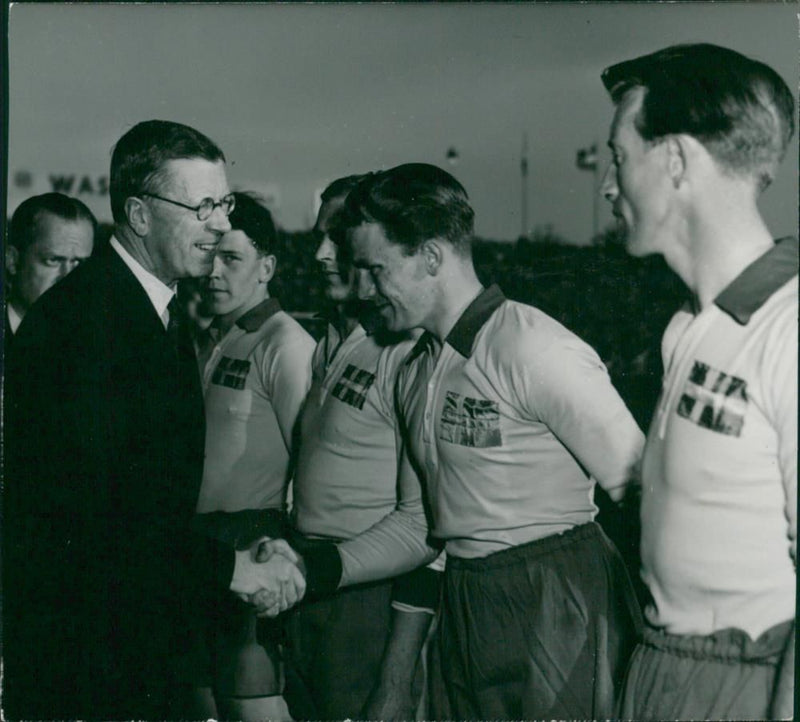 Football match Sweden-England. The Crown Prince greeted both teams. - Vintage Photograph