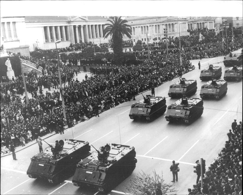 Greece's streets, military and soldiers cross the streets. - Vintage Photograph