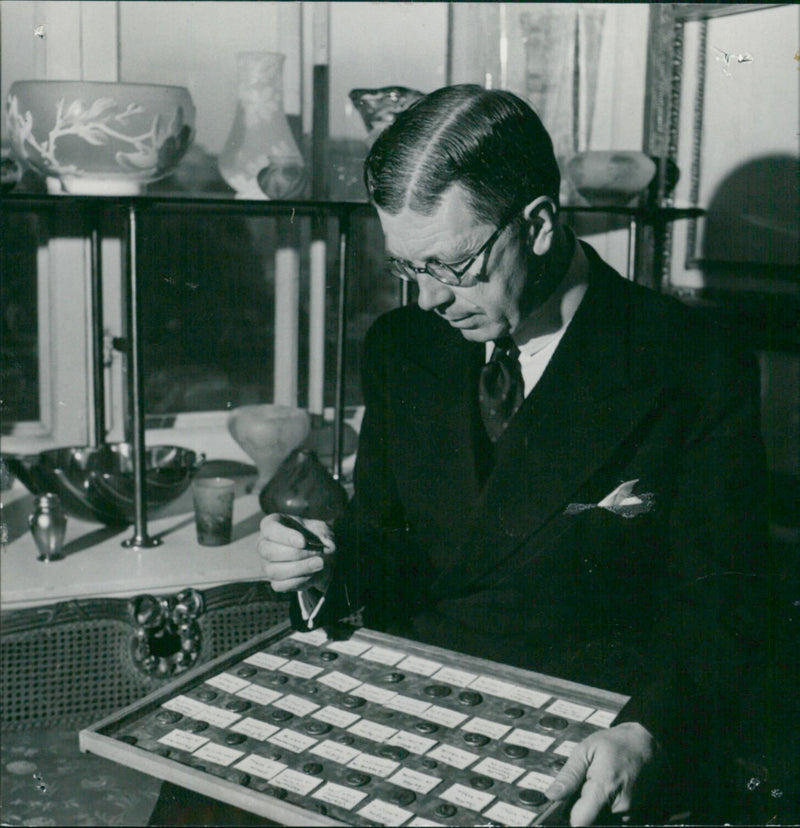 Gustaf VI Adolf - 60th Anniversary Celebration. The Crown Prince studies his own collections of animal items from various fields - Vintage Photograph