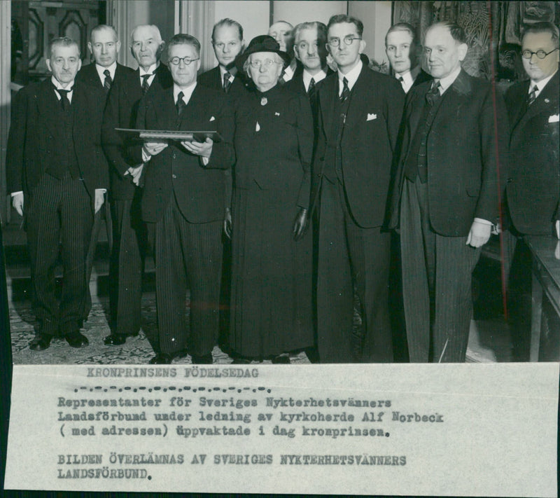 Crown Prince Gustaf Adolf - 60th Anniversary Celebration. Representatives of Sweden's Sobriety Friends' National Association under the leadership of church pastor Alf Norbeck awaits crown prince - Vintage Photograph