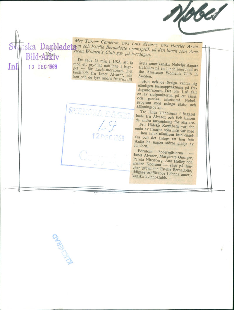 Mrs Turner Cameron, Mrs Luis Alvarez, Mrs Harriet Arvidson and Estelle Bernadotte in concert at the American Women's Club lunch - Vintage Photograph