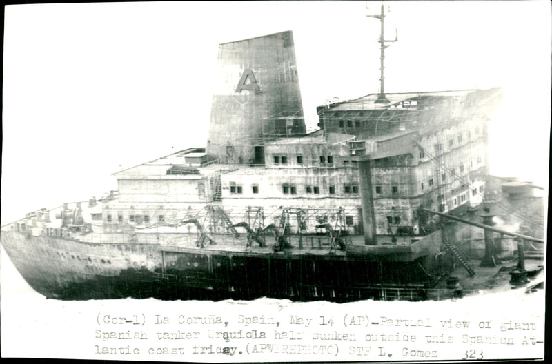 Partial view of giant Spanish tanker Urquiola half sunken outside tne Spanish Atlantic coast - Vintage Photograph