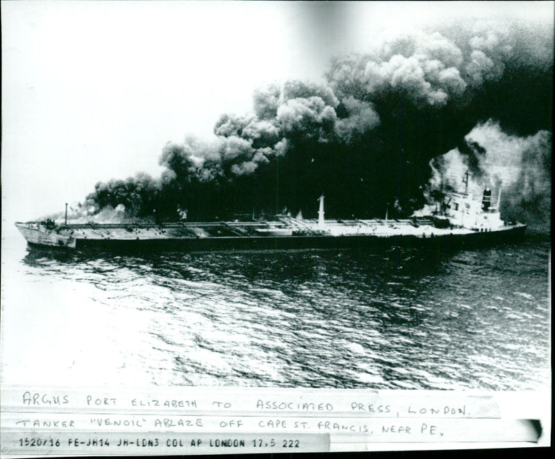 Oil disaster - Tanker "Venoil" ablaze off Cape St. Francis - Vintage Photograph