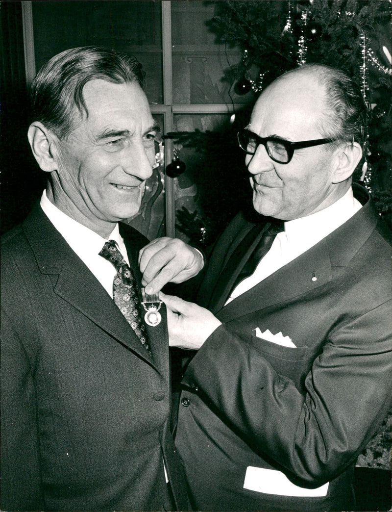 Director-General Bertil Bjurel (right) Attaches the Medal to the Line Manager Henry Sööder - Vintage Photograph