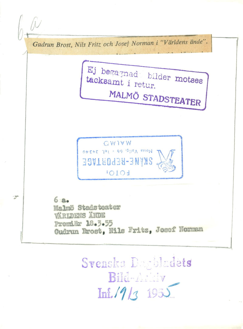 Malmö City Theater Features Gudrun Brost, Nils Fritz and Josef Norman in "The End of the World" - Vintage Photograph