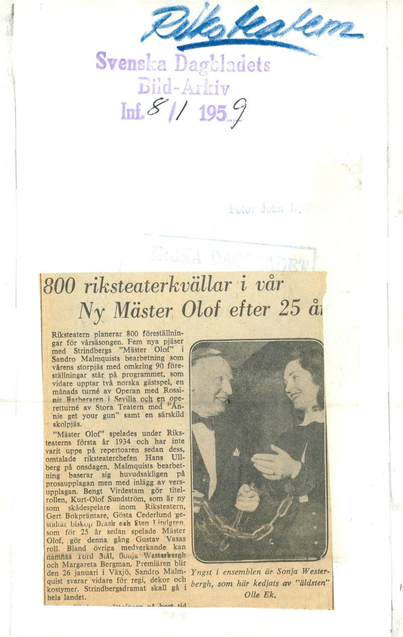 The National Theater, August Strindbergs "Master Olof". Sonja Westerbergh and Olle Ek - Vintage Photograph