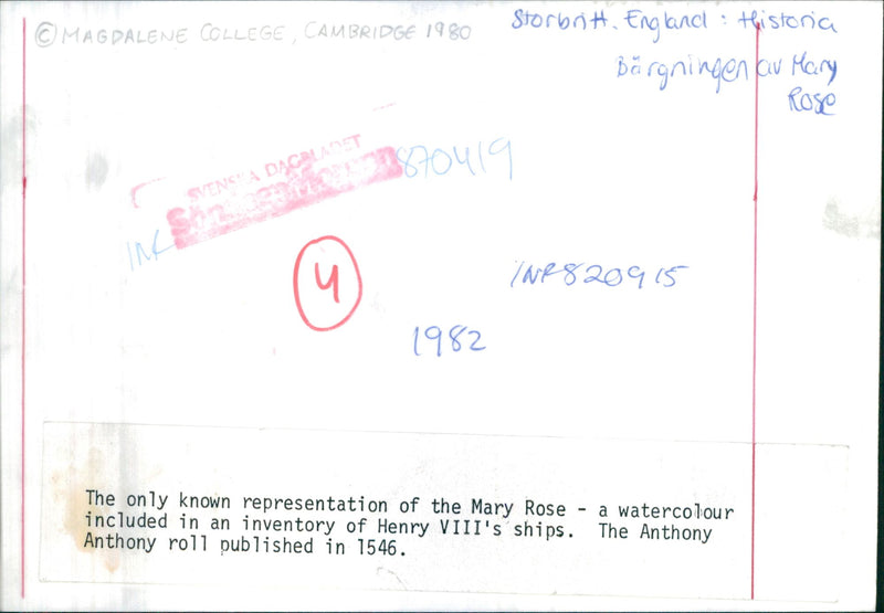 The Only Known Representation of the Mary Rose - Vintage Photograph