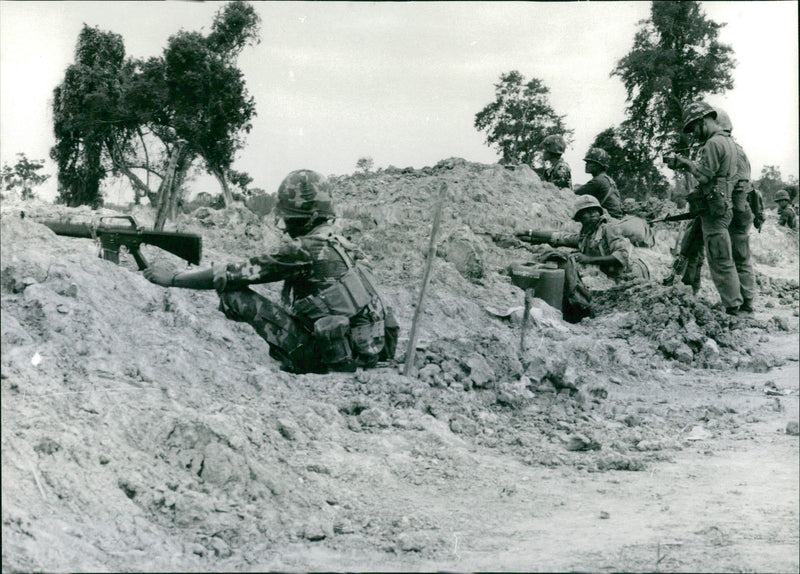 Thai military in trenches during fighting with Vietnamese - Vintage Photograph