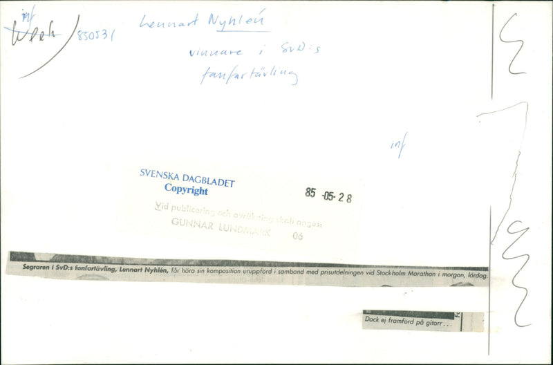 Lennart NyhlÃ©n, musician, winner SvD / Weekends fan competition - Vintage Photograph