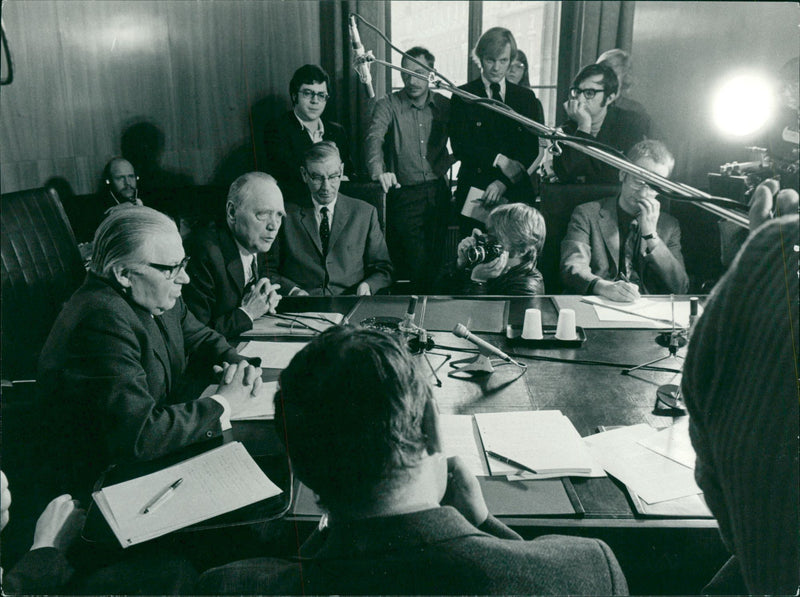Swedish politician Gunnar Strang at press conference - Vintage Photograph
