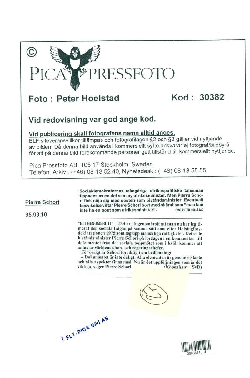 1995 SWEDEN PICA RESPONSIBLE FUTUE IMAGE DELIVEY AFTE LEIF JANSSON POET PETER - Vintage Photograph