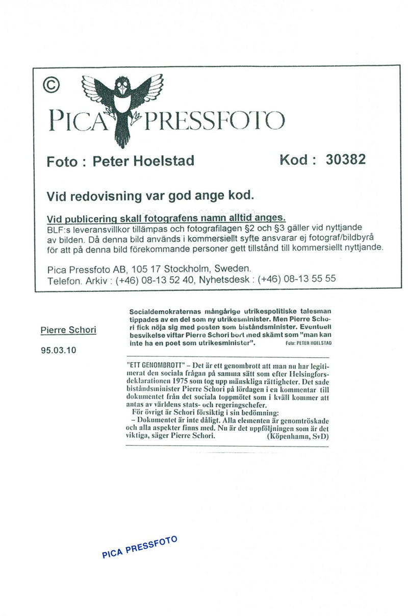 1995 SWEDEN PICA RESPONSIBLE FUTUE IMAGE DELIVEY BLFS LEIF JANSSON POET PETER - Vintage Photograph