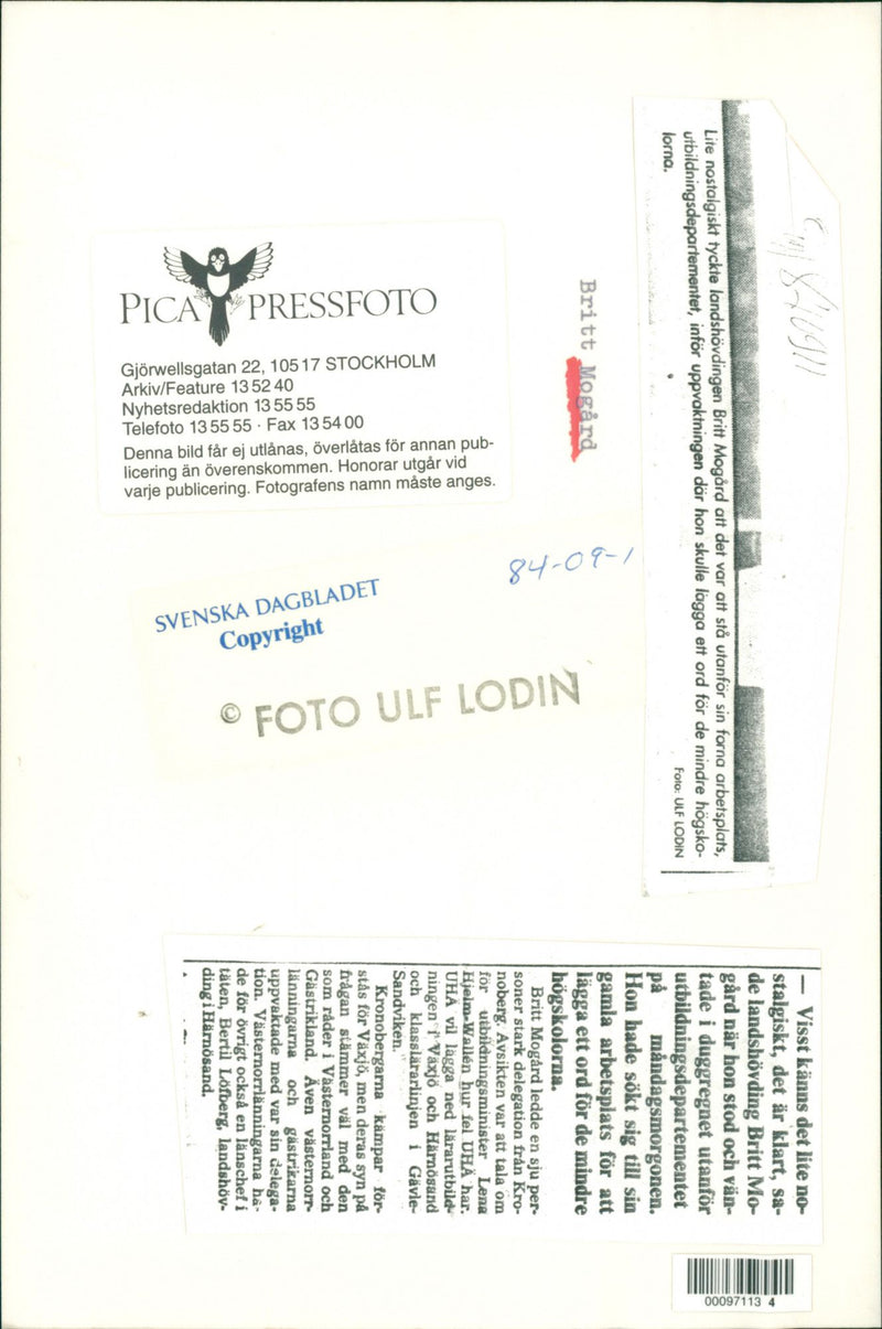 Britt Mogård Swedish Politician - Vintage Photograph