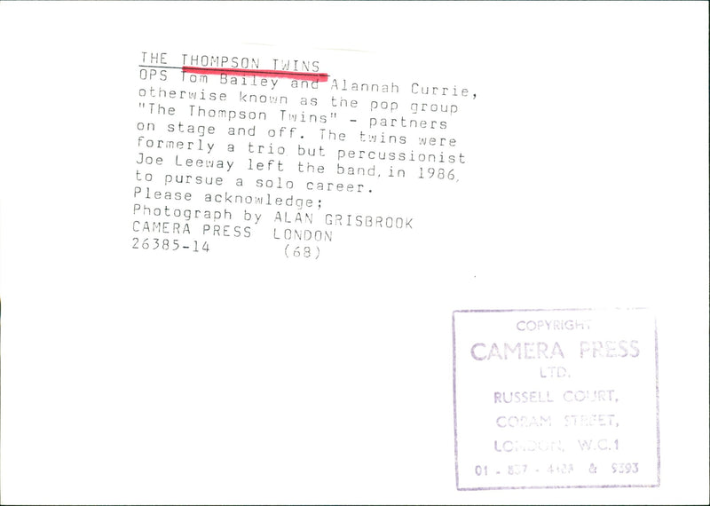 Pop band The Thompson Twins - Vintage Photograph