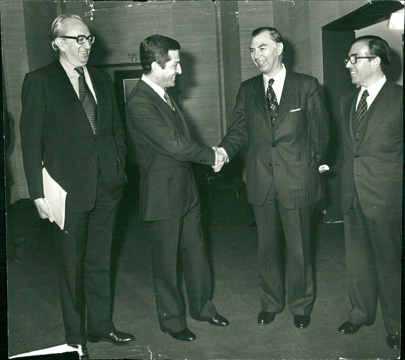 Spanish Prime Minister Adolfo Suárez is welcomed into the Egmont Palace by Leo Tindemans - Vintage Photograph