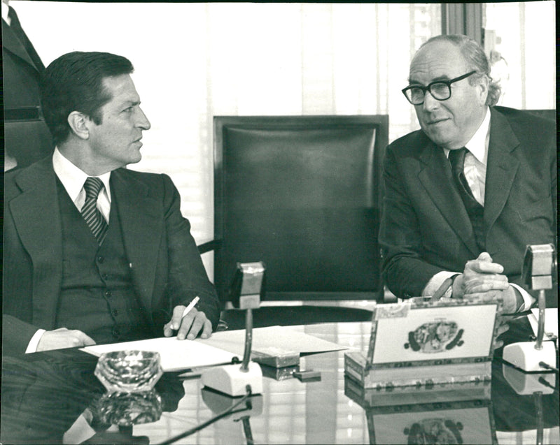 Spain's Prime Minister Adolfo Suárez meets with Roy Jenkins in Brussels - Vintage Photograph