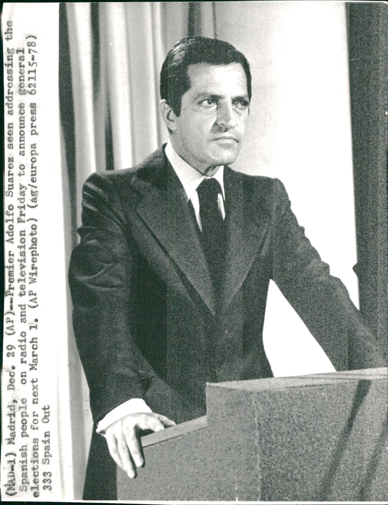 Spanish Prime Minister Adolfo Suárez speaks to the Spanish people during a radio and television broadcast before the election - Vintage Photograph