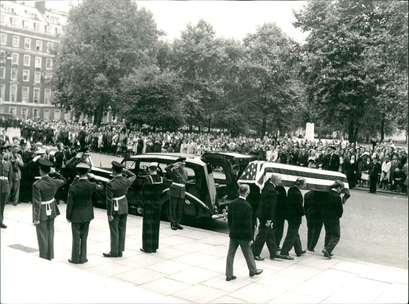 Adlai Stevenson's coffin is flown home from London. The delegation was led by Vice President Senator Hubert Humphrey - Vintage Photograph