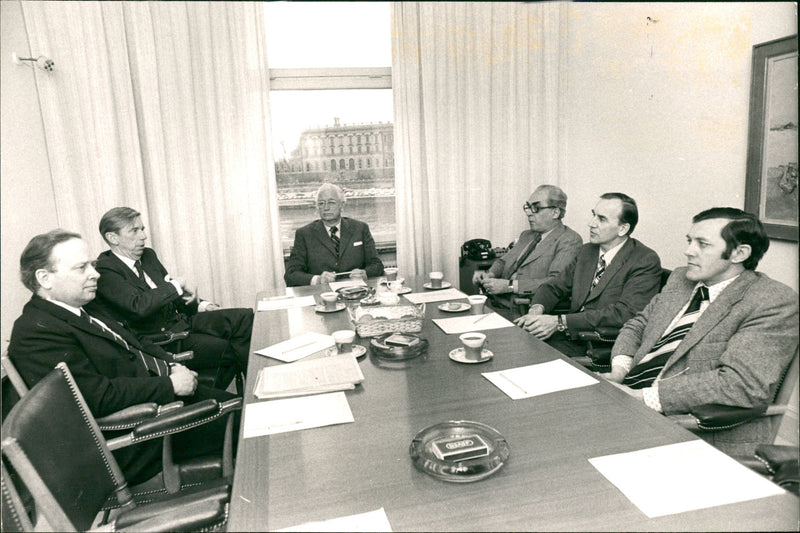 Lars-Gunnar Albaje, Curt-Steffan Giesecke and Tryggve Holm from SAF with Gunnar Nilsson, Lars Westerberg and Harry FjÃÂ¤llstrÃ¶m from LO - Vintage Photograph