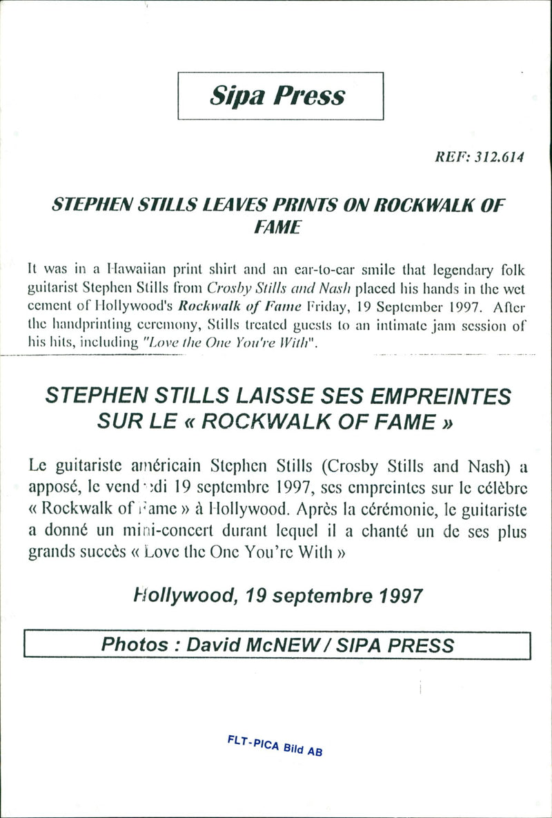 Stephen Steve Stills, musician, hand prints, Hollywood's Rockwalk of Fame - Vintage Photograph