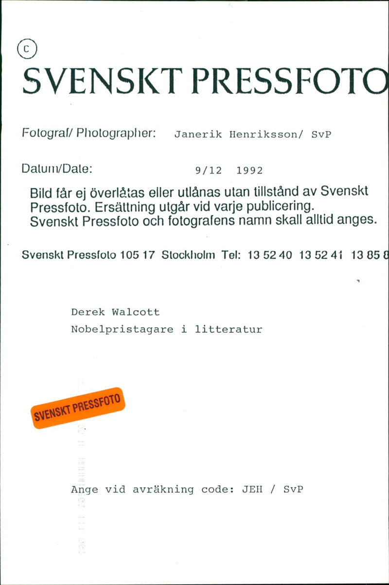 Derek Walcott, Nobel Laureate in Literature 1992 - Vintage Photograph