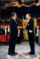 Derek Walcott receives the Nobel Prize in literature from King Carl XVI Gustaf's hand - Vintage Photograph