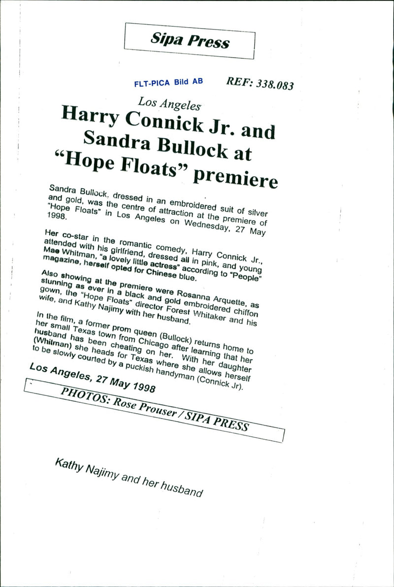 Harry Connick Jr. and Sandra Bullock at "Hope Floats" premiere - Vintage Photograph