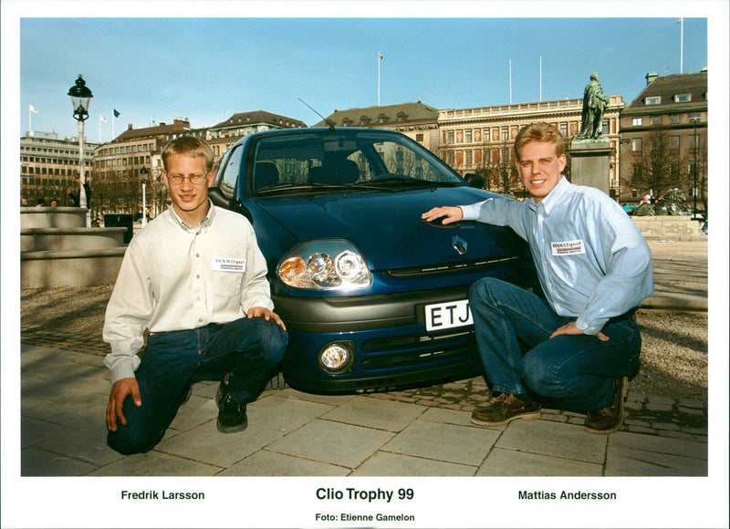 Fredril Larsson and Mattias Andersson with the Renault Clio - Vintage Photograph