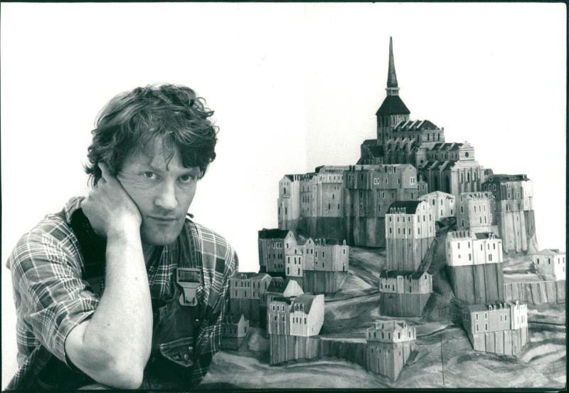 Anders Åberg with his wooden house models - Vintage Photograph