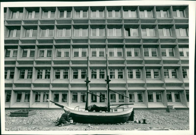Anders Åberg building ship model - Vintage Photograph