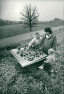 Agnes Karlsson, Éva Johansson and little Jonathan with Kalv village model - Vintage Photograph