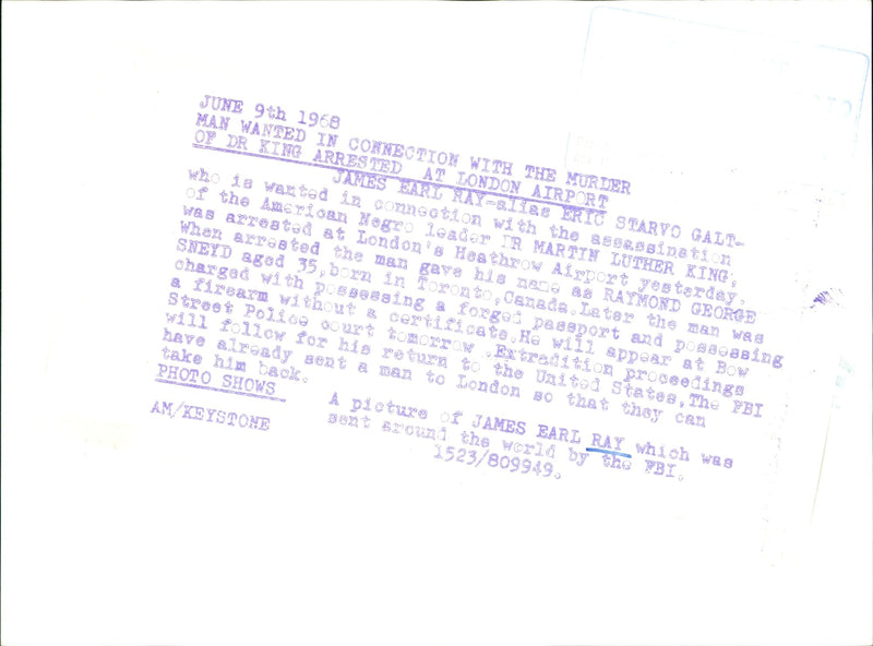 The picture of James Earl Ray used when he was called for the murder of Dr. Martin Luther King - Vintage Photograph