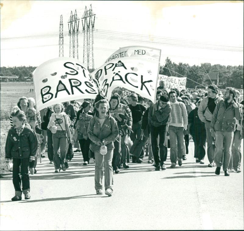 BarsebÃÂ¤cksmarschen. The demonstration train is framed by the Scanian landscape and Sydkraft's power lines - Vintage Photograph