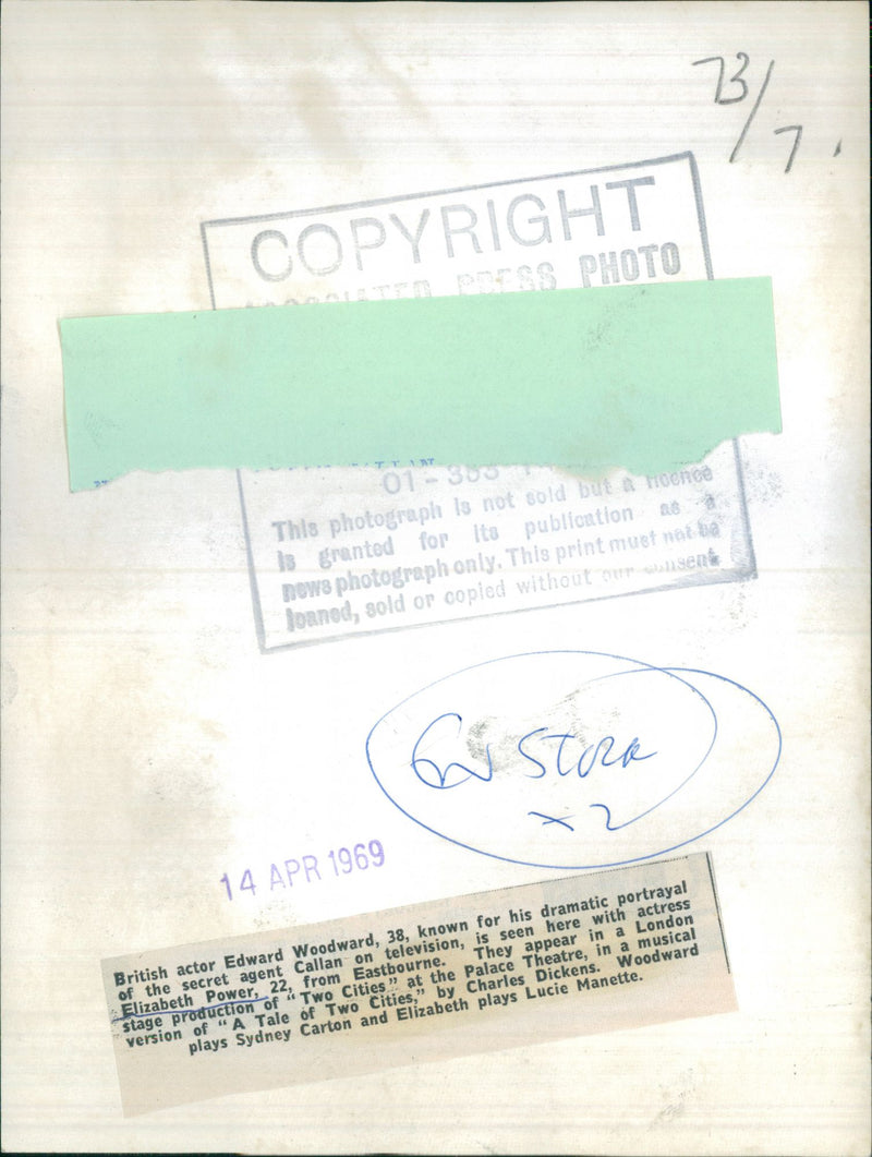 Elizabeth Power (Lizzie Power) and Edward Woodward in "Two Cities" at the Palace Theatre, a musical version of "A Tale of Two Cities" by Charles Dickens, 14.04.1969, - Vintage Photograph