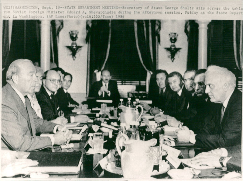 Eduard Shevardnadze (right) in meeting with George Shultz - Vintage Photograph