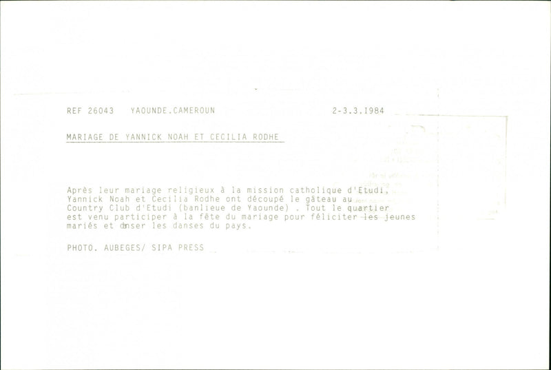 Marriage of Swedish model Cécilia Rodhe and Tennis player Yannick Noah. - Vintage Photograph