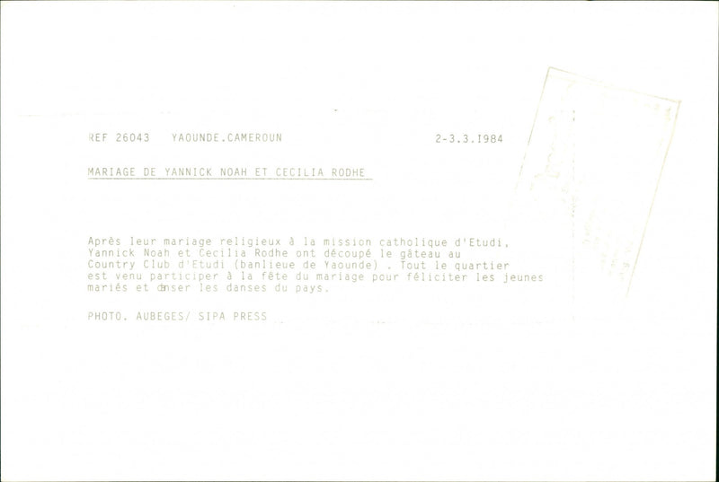 Marriage of Swedish model Cécilia Rodhe and Tennis player Yannick Noah. - Vintage Photograph