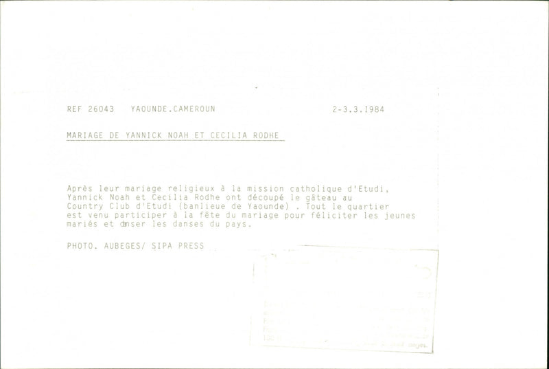 Marriage of Swedish model Cécilia Rodhe and Tennis player Yannick Noah. - Vintage Photograph