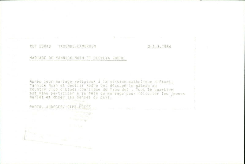 Marriage of Swedish model Cécilia Rodhe and Tennis player Yannick Noah. - Vintage Photograph