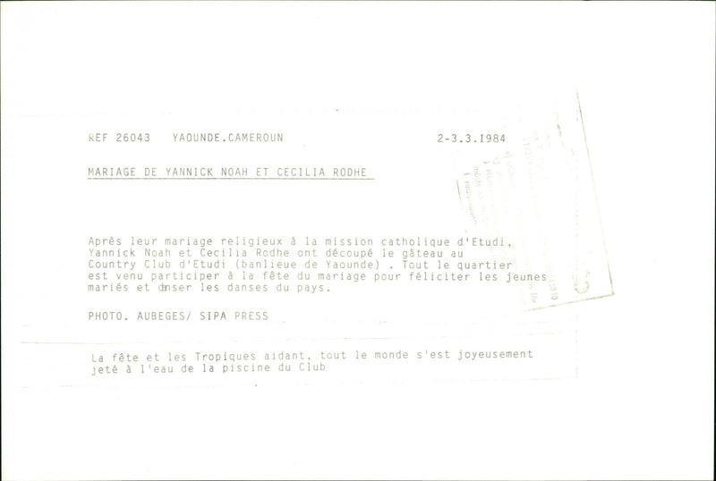 Marriage of Swedish model Cécilia Rodhe and Tennis player Yannick Noah. - Vintage Photograph