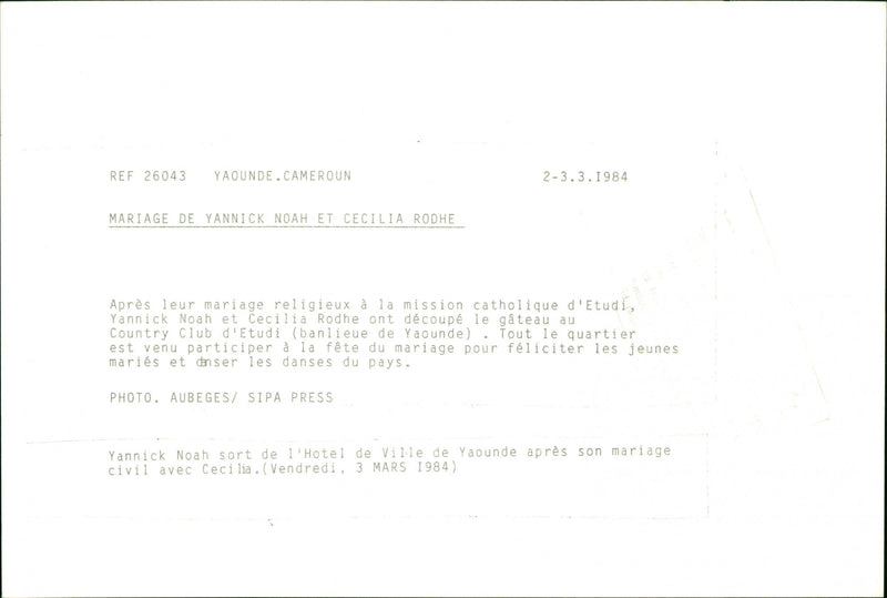 Marriage of Swedish model Cécilia Rodhe and Tennis player Yannick Noah. - Vintage Photograph