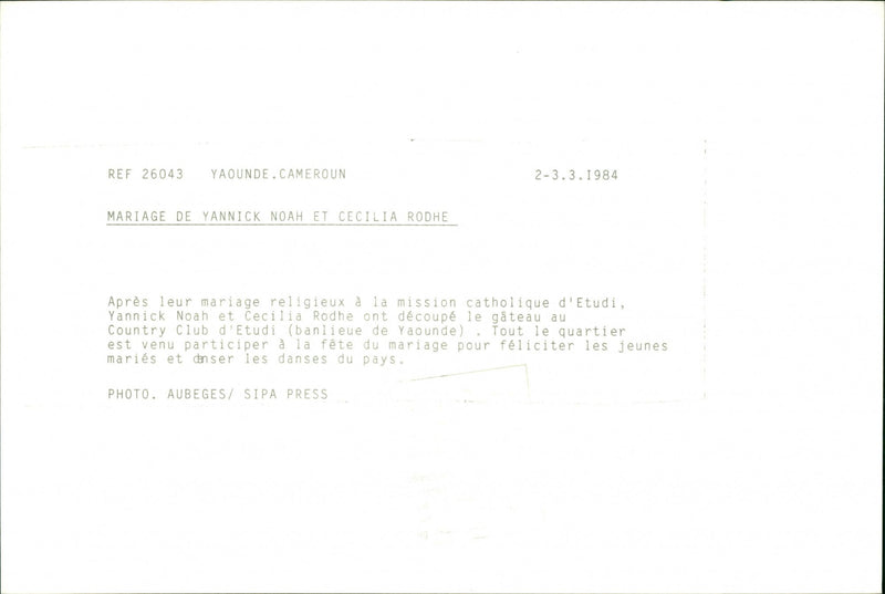 Marriage of Swedish model Cécilia Rodhe and Tennis player Yannick Noah. - Vintage Photograph