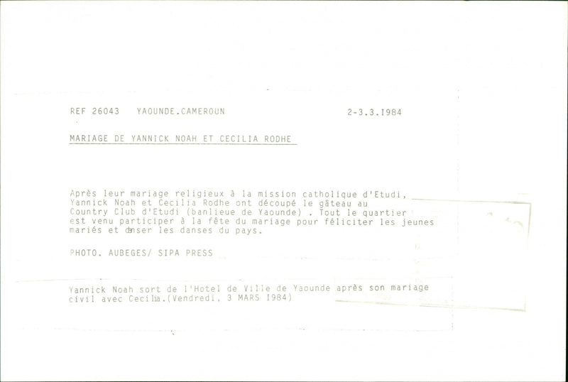 Marriage of Swedish model Cécilia Rodhe and Tennis player Yannick Noah. - Vintage Photograph