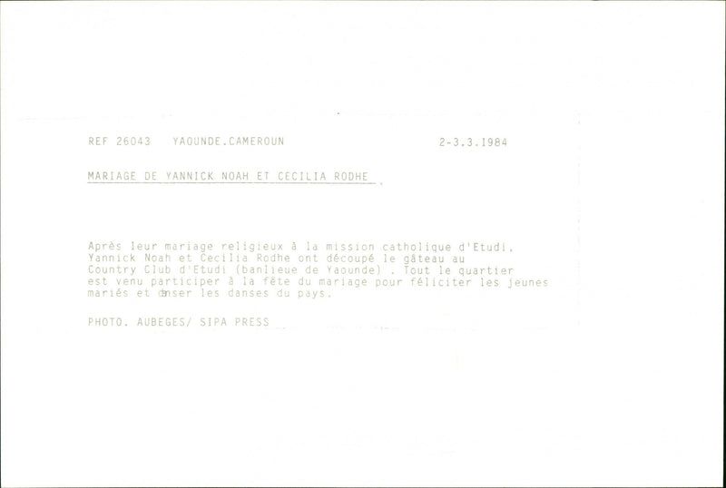 Marriage of Swedish model Cécilia Rodhe and Tennis player Yannick Noah. - Vintage Photograph