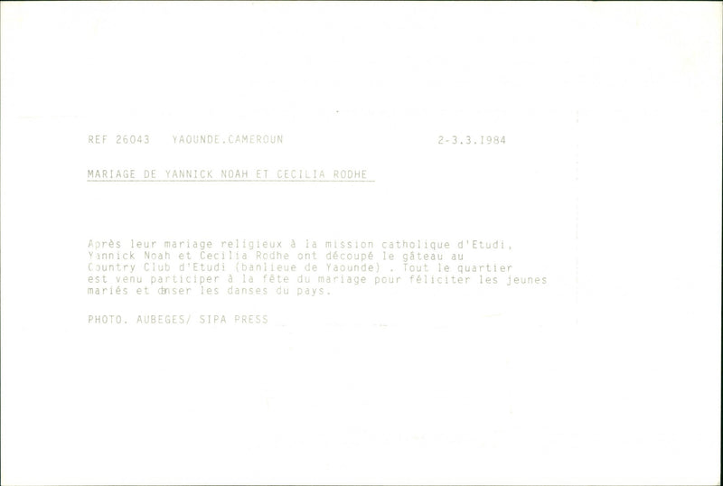 Marriage of Swedish model Cécilia Rodhe and Tennis player Yannick Noah. - Vintage Photograph