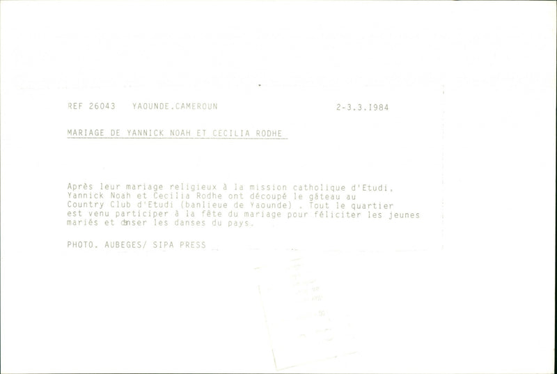 Marriage of Swedish model Cécilia Rodhe and Tennis player Yannick Noah. - Vintage Photograph