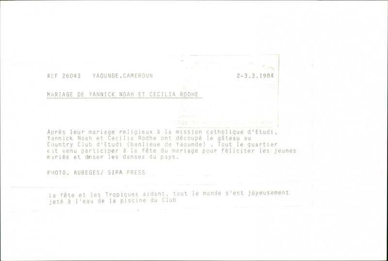 Marriage of Swedish model Cécilia Rodhe and Tennis player Yannick Noah. - Vintage Photograph