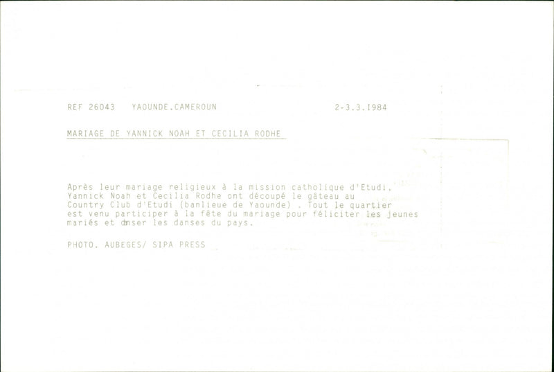 Marriage of Swedish model Cécilia Rodhe and Tennis player Yannick Noah. - Vintage Photograph