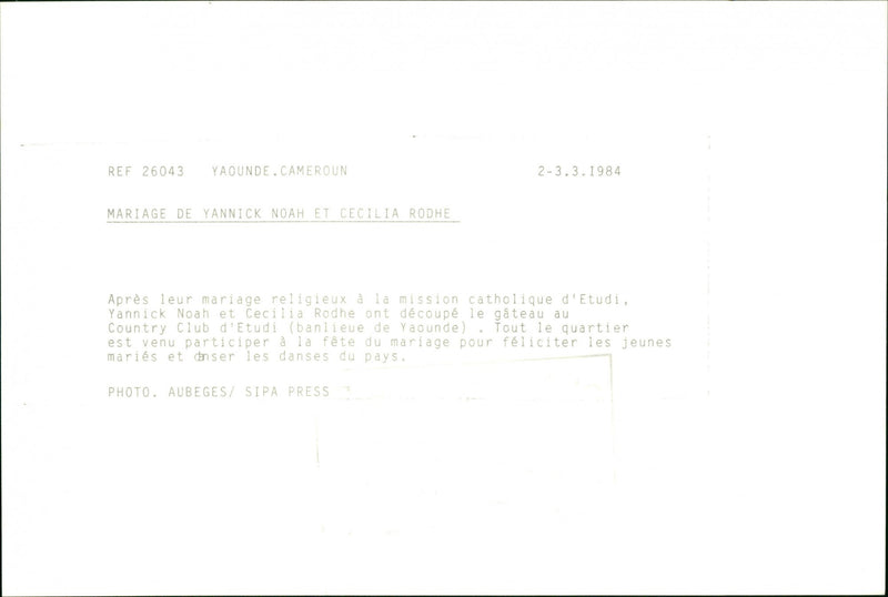 Marriage of Swedish model Cécilia Rodhe and Tennis player Yannick Noah. - Vintage Photograph