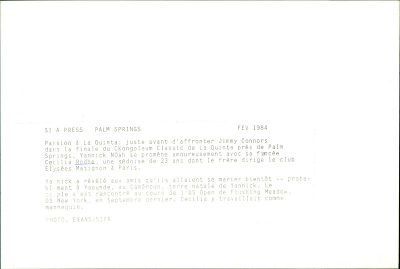 Swedish model Cécilia Rodhe and Tennis player Yannick Noah. - Vintage Photograph